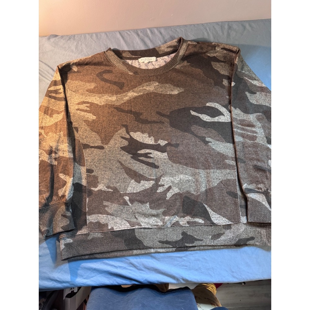 Workshop Republic Clothing Camo Sweatshirt Womens 1X Green Brown Long Sleeve Top